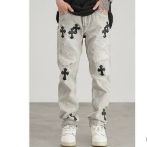 Chrome Heart Cross Stitched Leather Jeans